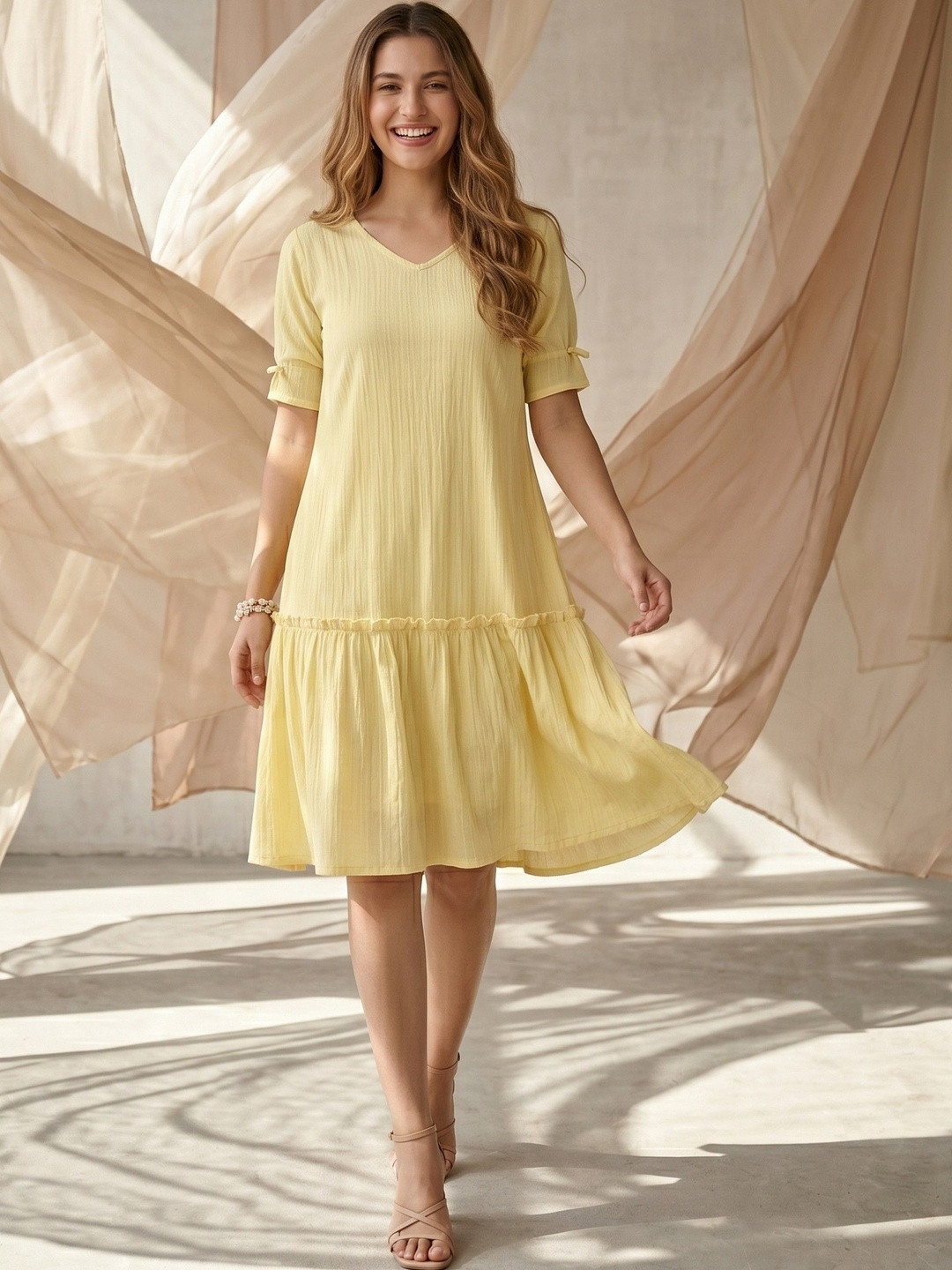 CLOTHING CLOSET Women V-Neck Puff Sleeve Fit & Flare Dress
