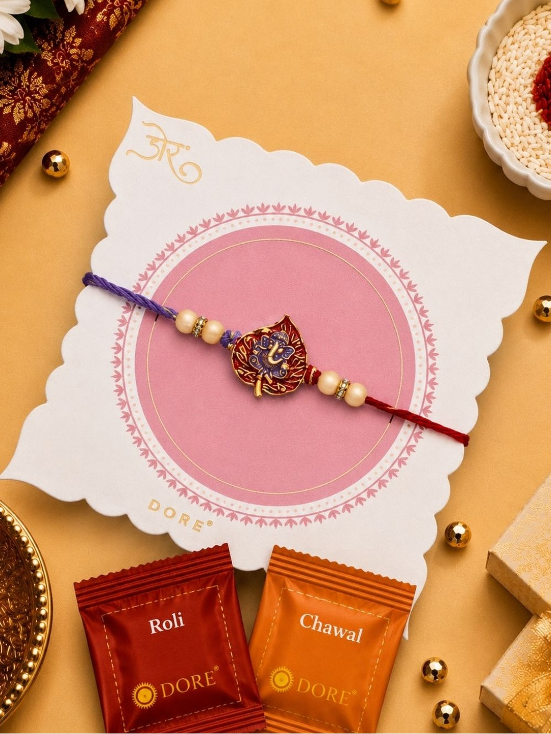 Dore Ganesha Leaf Jaipuri Meenakari Designer Rakhi with Roli Chawal for Brother