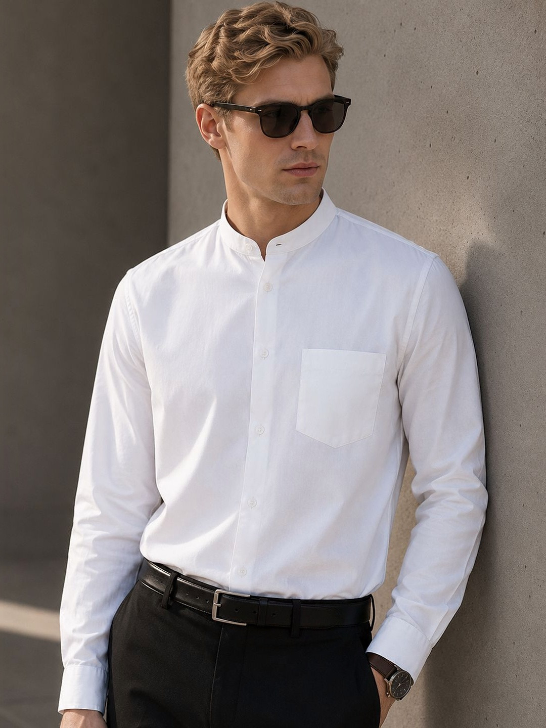 Hancock Men Standard Band Collar Solid Cotton Slim Fit Formal Shirt