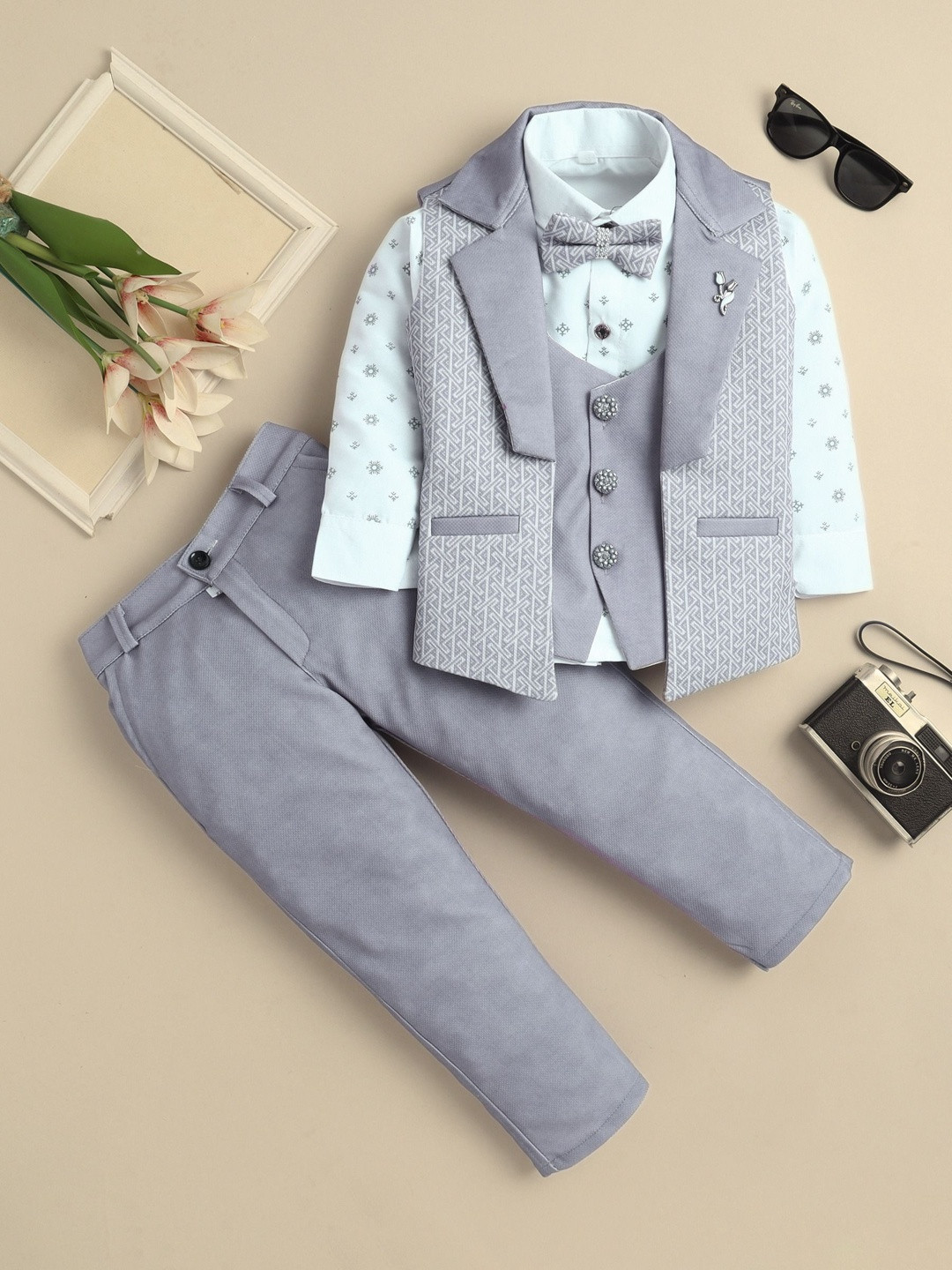 YK Boys Printed Notched Lapel 3 Piece Waistcoat & Trousers Suits With Bow