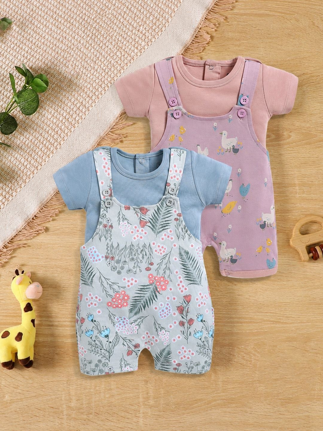 BABY GO Infant Girls Pack of 2 Printed Half Sleeves Organic Cotton Dungarees