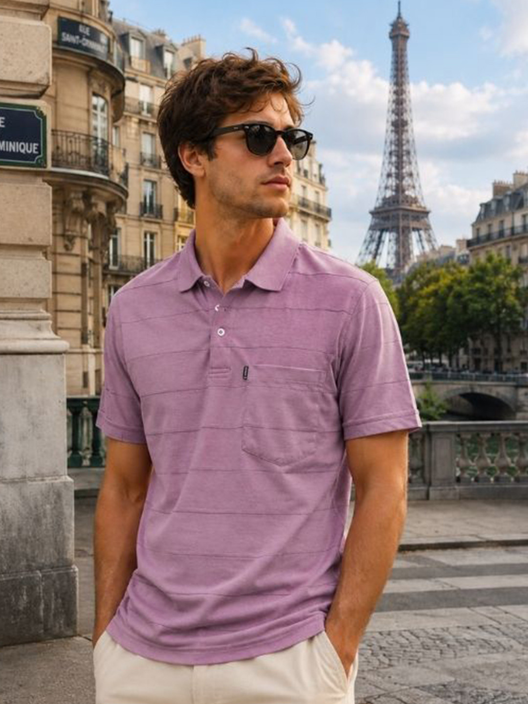 WILD ELEPHANT Men Striped Polo Collar Pockets T-shirt