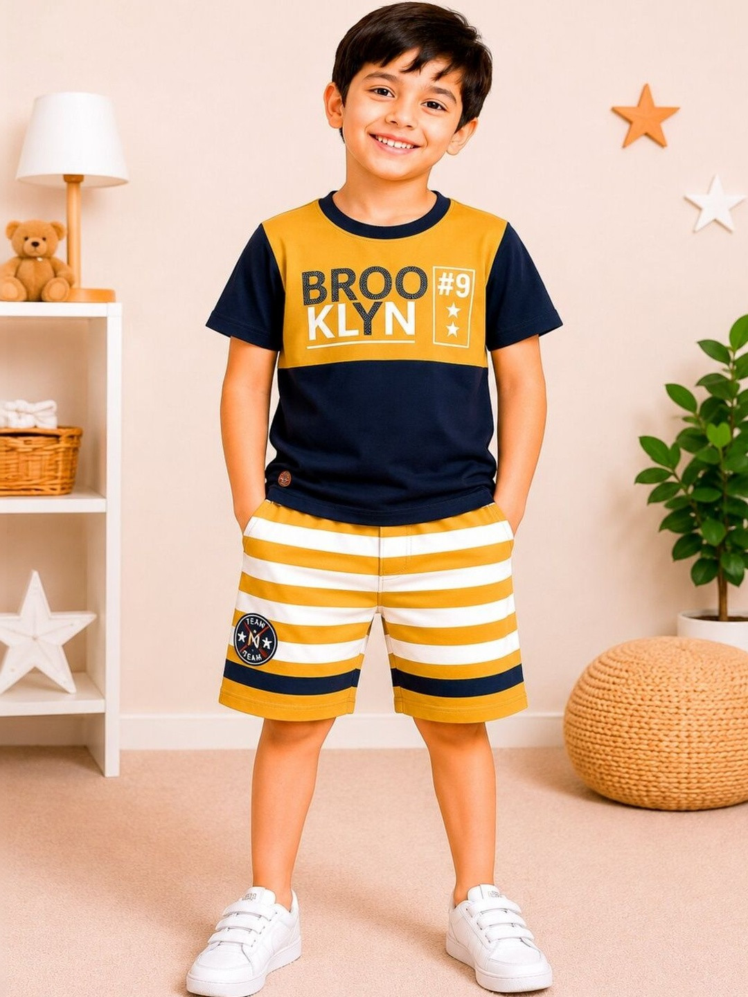 3PIN Boys Mustard & Navy Blue Printed T-shirt with Shorts