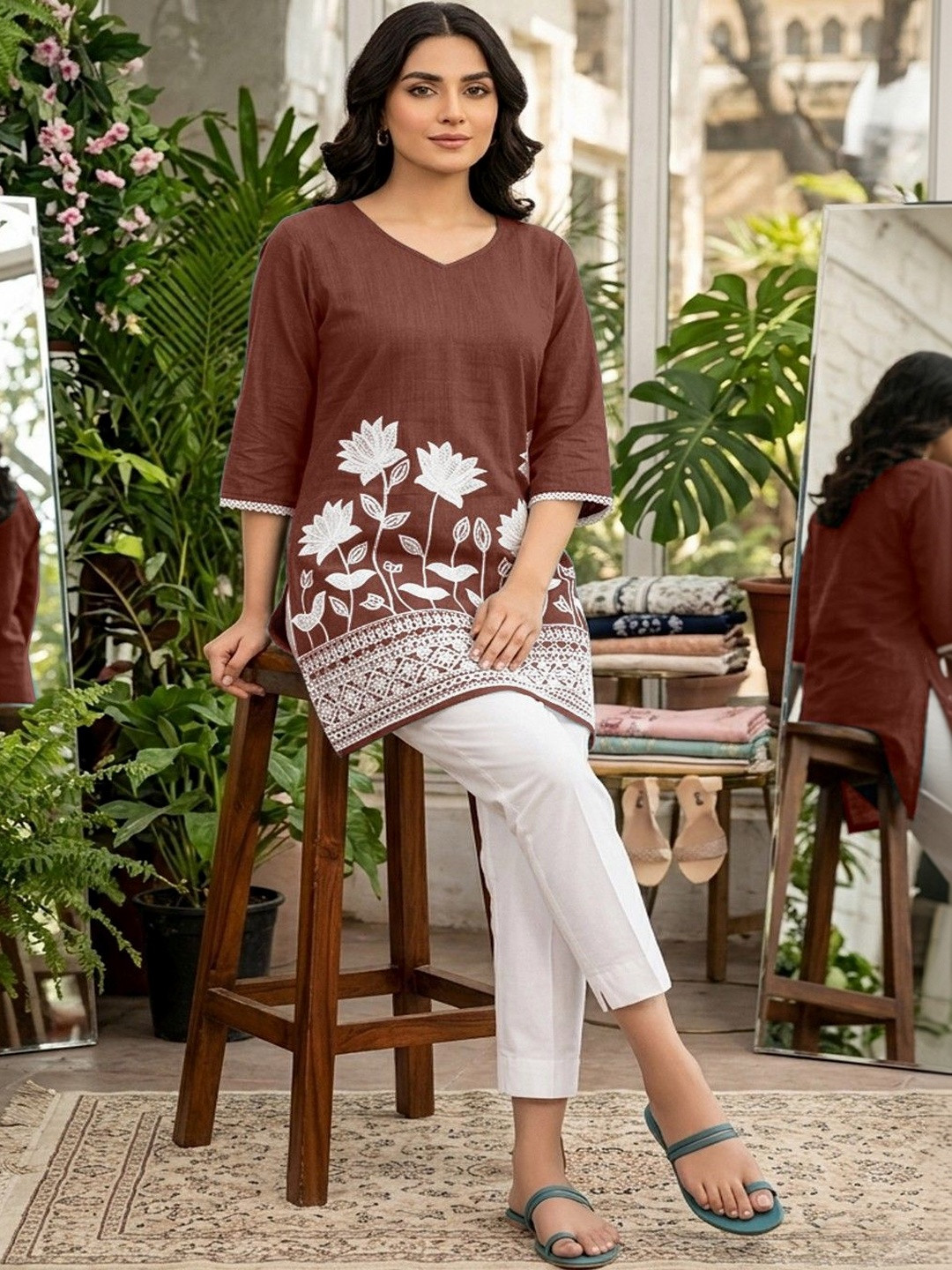 DHANSHREE TEX Floral Embroidered V-Neck Pure Cotton Blend Kurti
