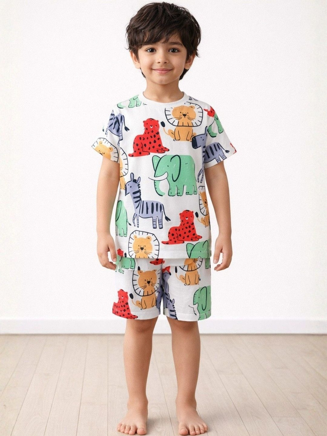 Anthrilo Girls White Printed Cotton Short Sleeve Night suit