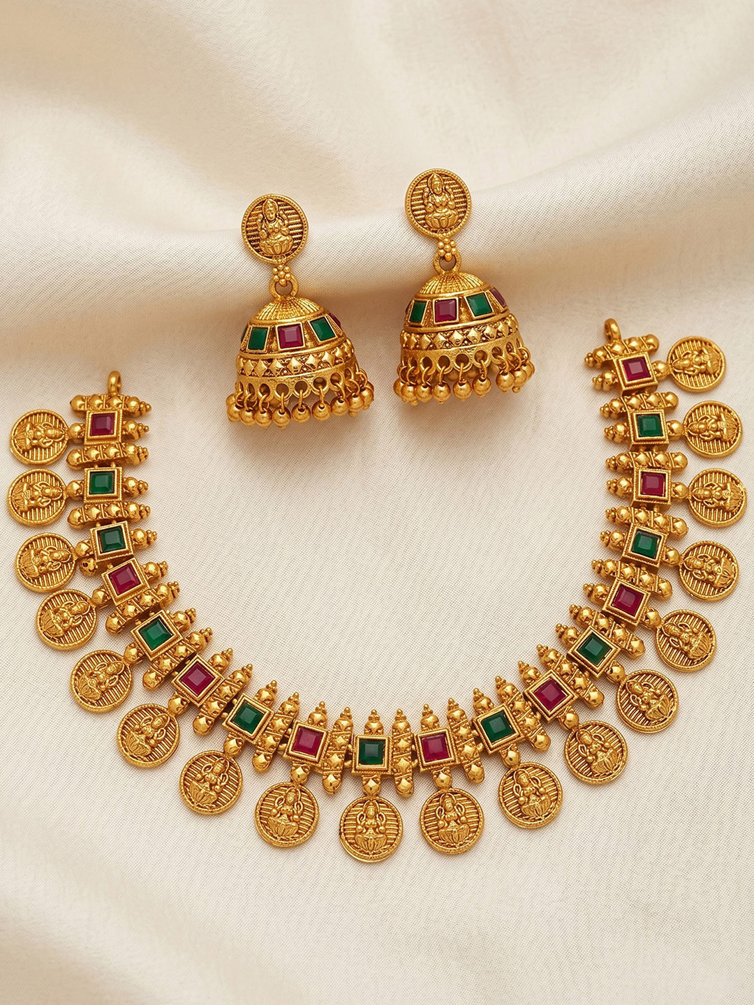 Bagdo Gold-Plated Temple Stone Studded & Beaded Necklace and Earrings