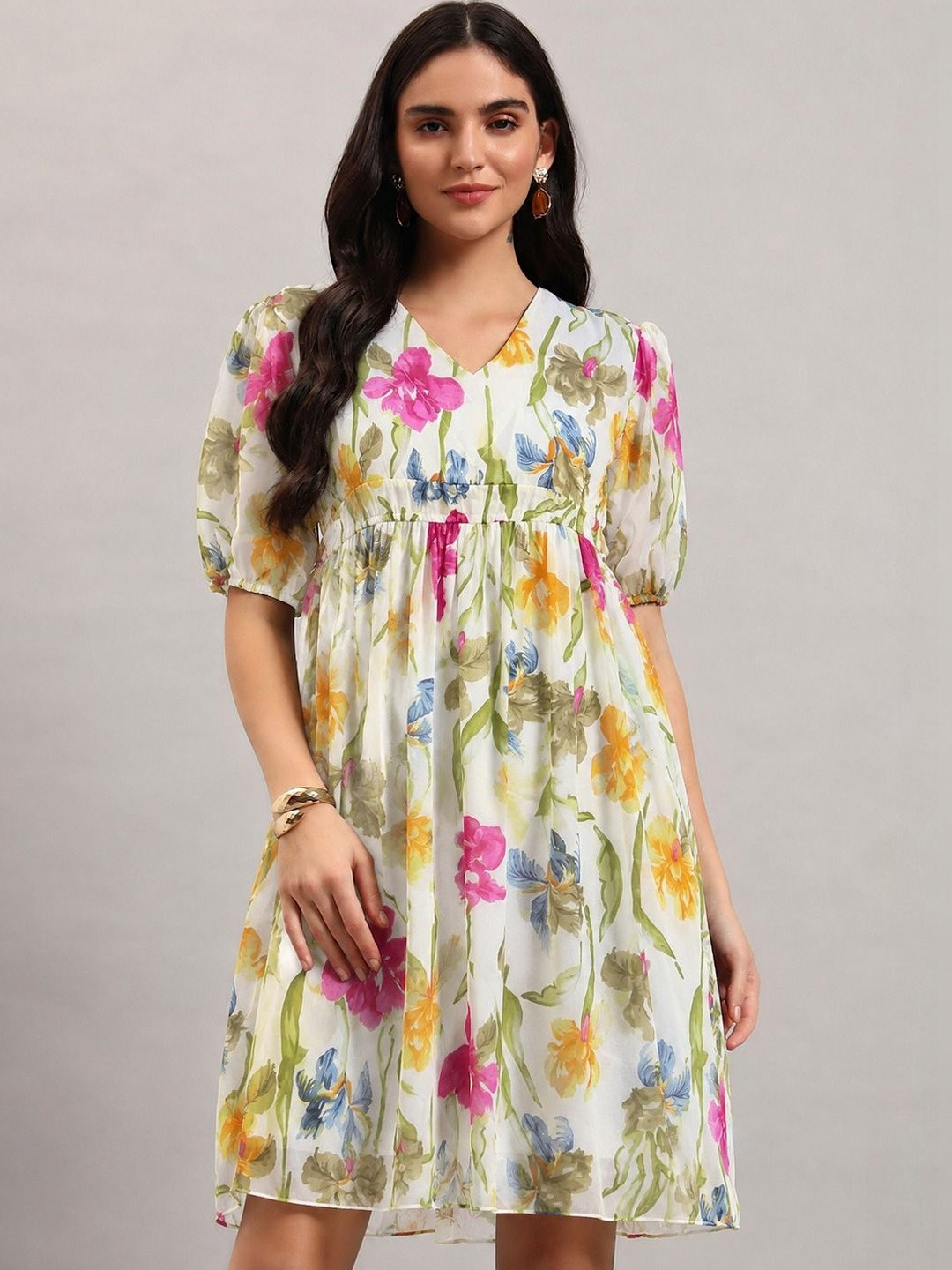 ROSEMELON Floral Print Puff Sleeve Georgette A-Line Dress