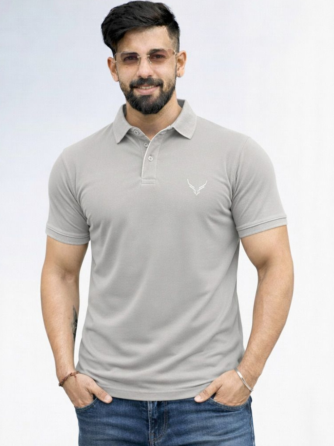 HANABY Grey Melange Polo Collar T-shirt