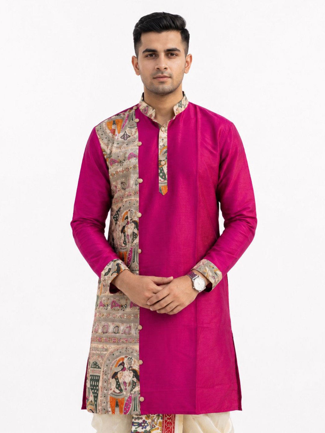 GOURI COLLECTIONS Men Madhubani Printed Khadi Silk straight Kurta