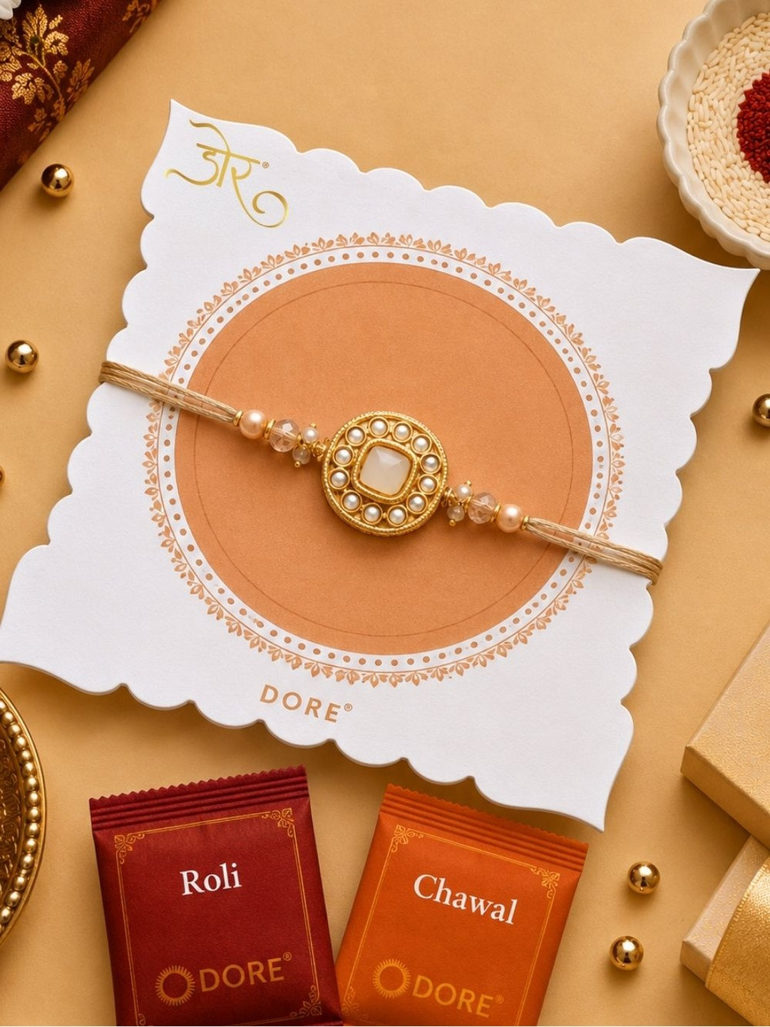 Dore Golden Toned Jaipuri Kundan Designer Rakhi For Borther with Premium Roli Chawal