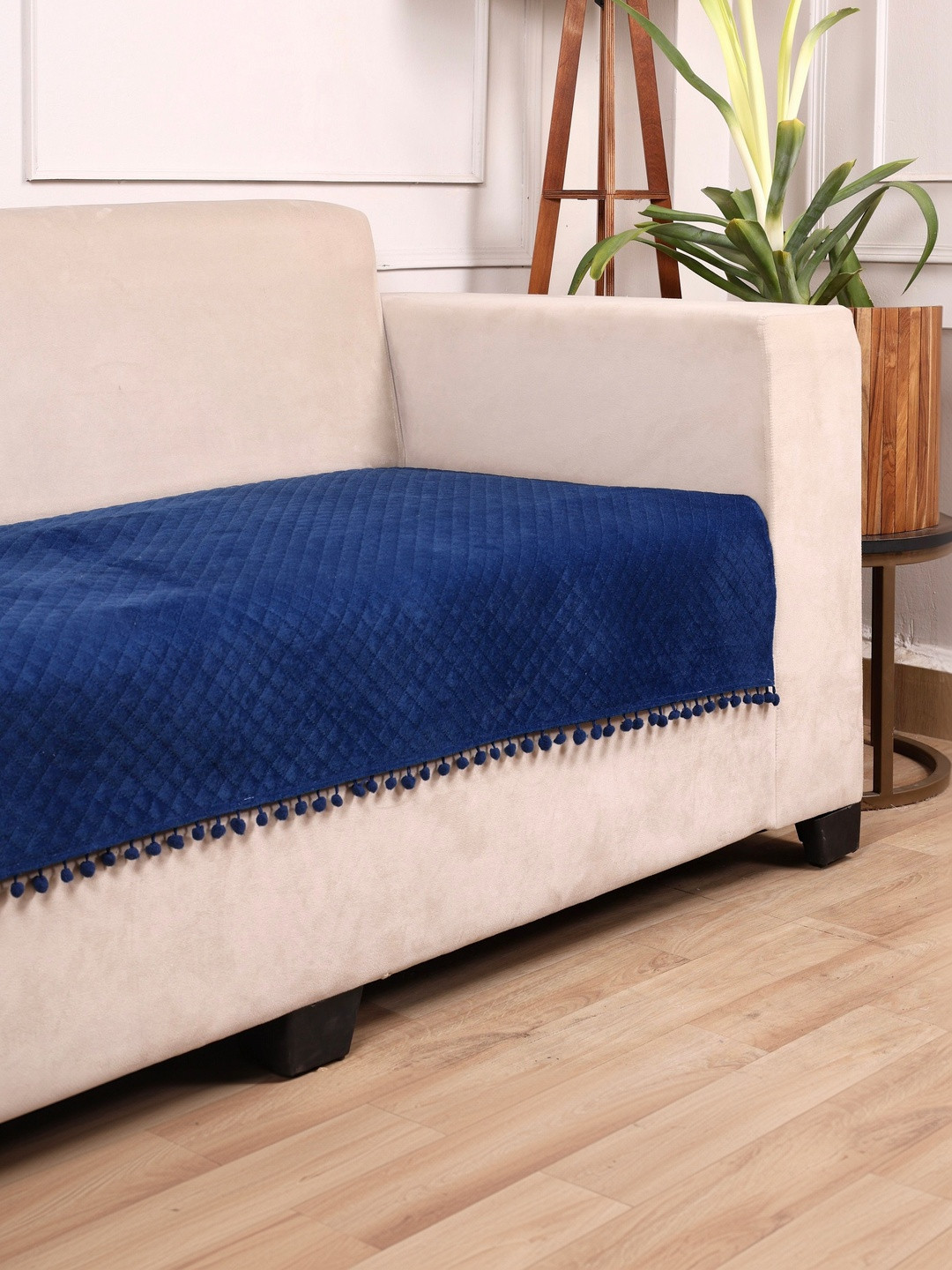 STITCHNEST Blue Geometric Faux Suede Washable Straight 2 Seater Sofa Cover46x26In