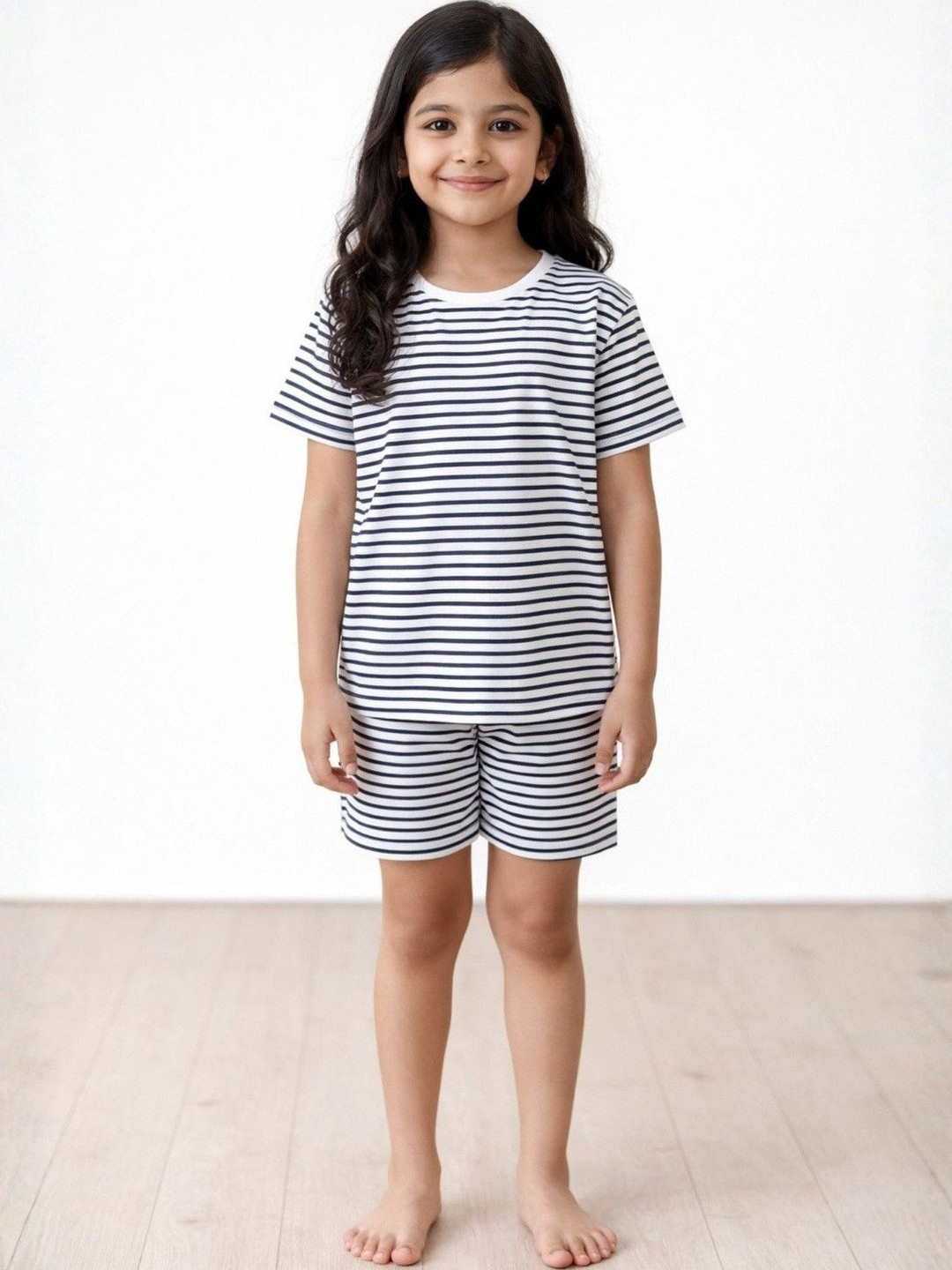 Anthrilo Kids Girls Black White Stripe Short Sleeve Pure Cotton Sleepwear Night Suit