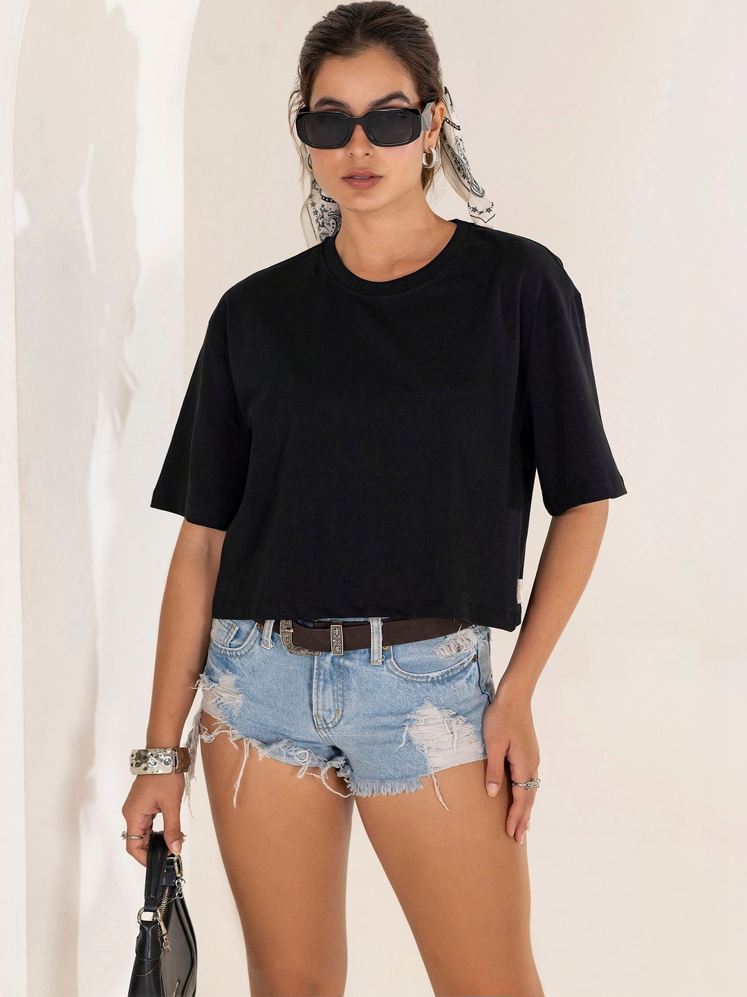 TITTLI Women Drop-Shoulder Sleeves Pure Cotton Boxy T-shirt