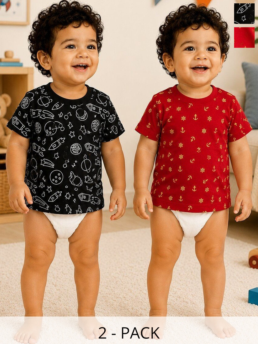 Infant Boys Cotton All Over Print Pack of 2 Casual Round Neck Half Sleeve T-Shirt