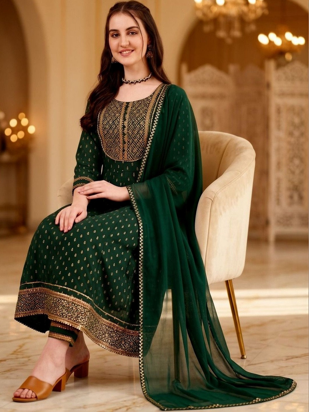 QUEENSFAB Women Ethnic Motifs Printed Regular Thread Work Kurta with Trousers & With Dupatta