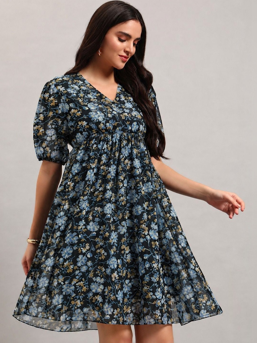 ROSEMELON Floral Print Puff Sleeve Georgette A-Line Dress