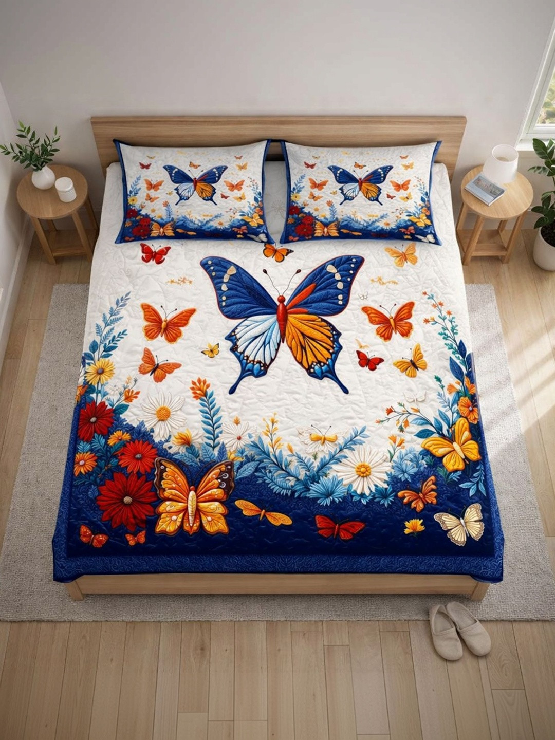 ButterThread Blue & White Floral 150 TC Bedsheet with 2 Pillow Covers
