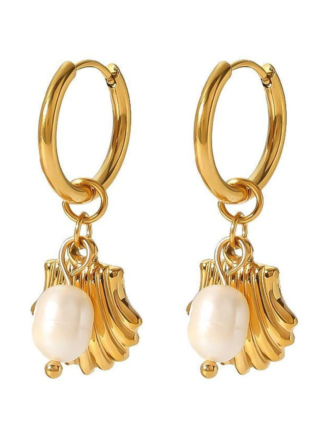 DIVING SWAN Women 18K Thick Gold Plated Ila Pearl Shell Hoops Earrings