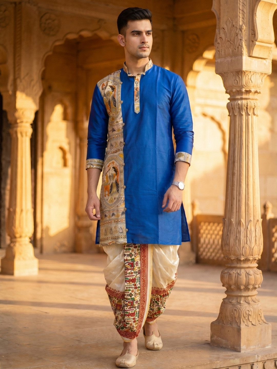 GOURI COLLECTIONS Men Khadi Silk Madhubani Printed Kurta With Banarasi Silk Dhoti Pant