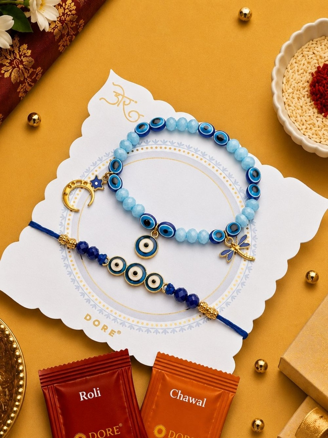 Dore Protective Evil Eye Rakhi & Charm Bracelet Set with Roli Chawal