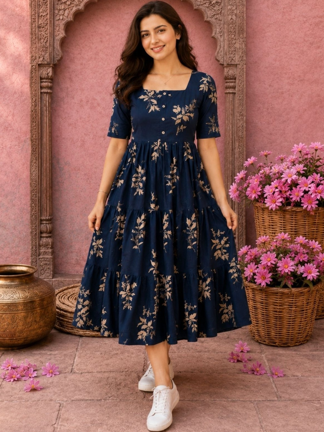 NAVYAAZRI Floral Print A-Line Midi Dress