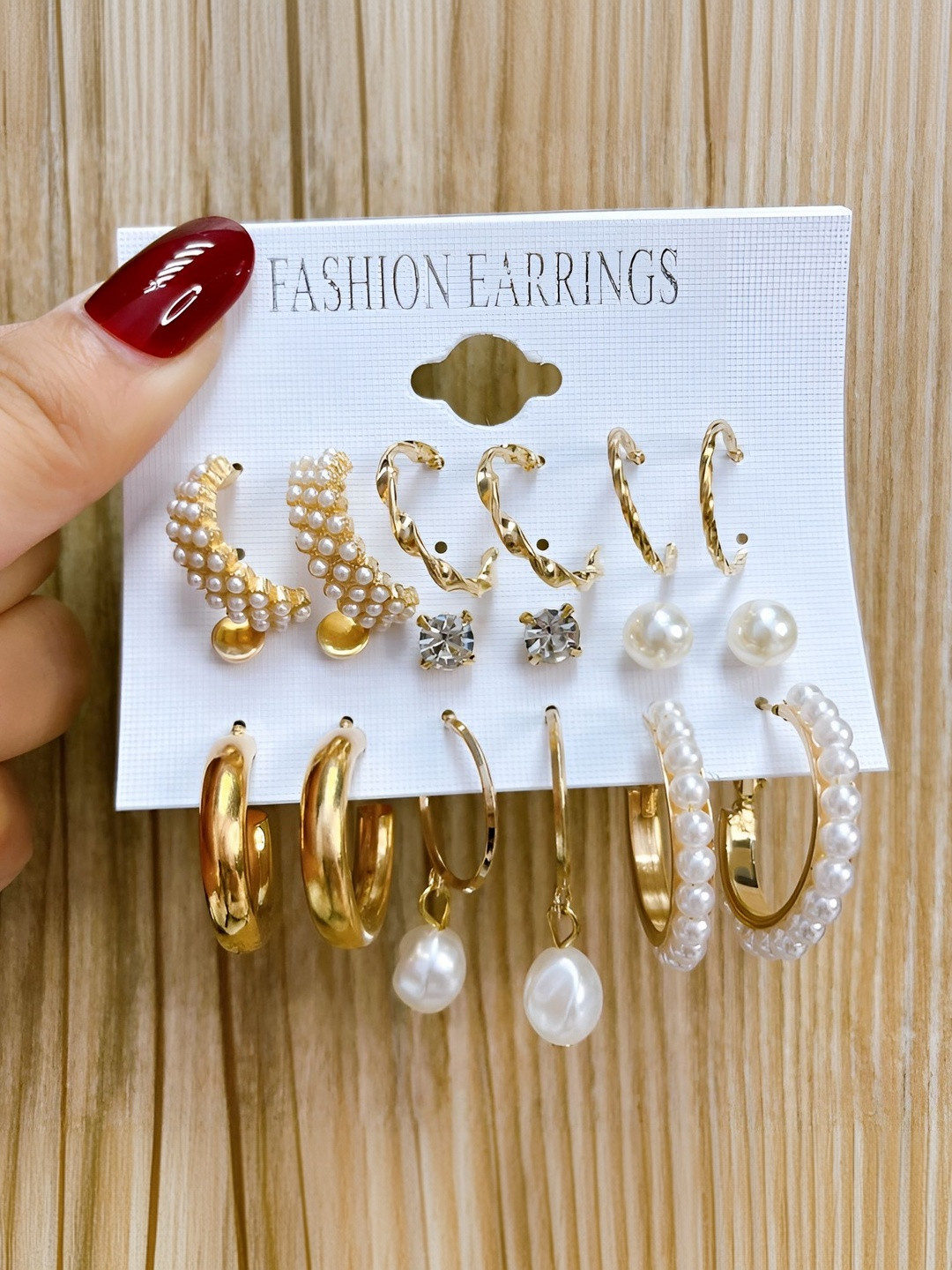 Zaphariq Combo Of 9 Pair Gold Plated Stone Stud Pearl Hoop Earrings