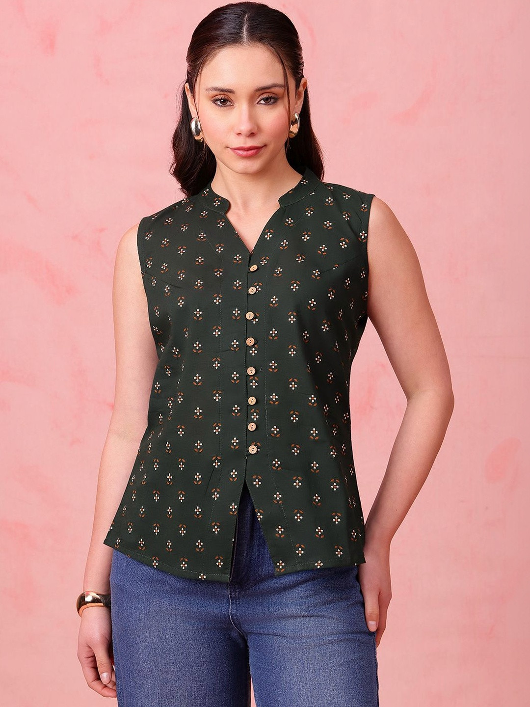 Vbuyz Women's Mehendi Green Block Print Waistcoat Cotton Stitched Top