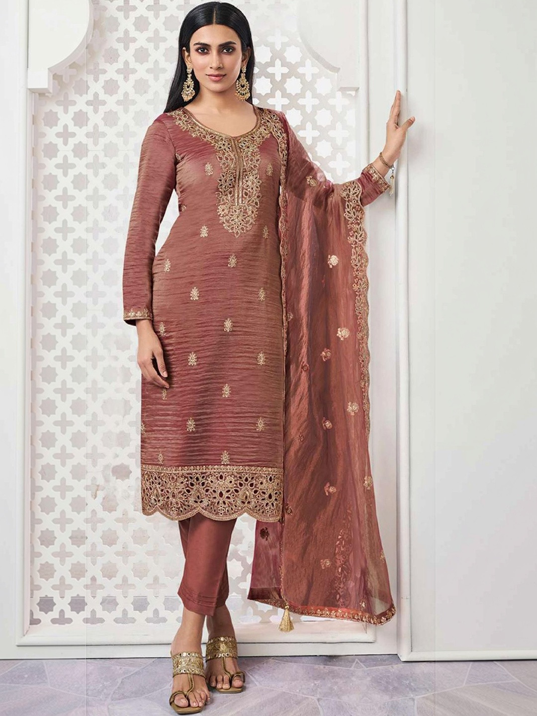 ZONFAB Women Ethnic Motifs Embroidered Regular Thread Work Kurta with Trousers & With Dupatta