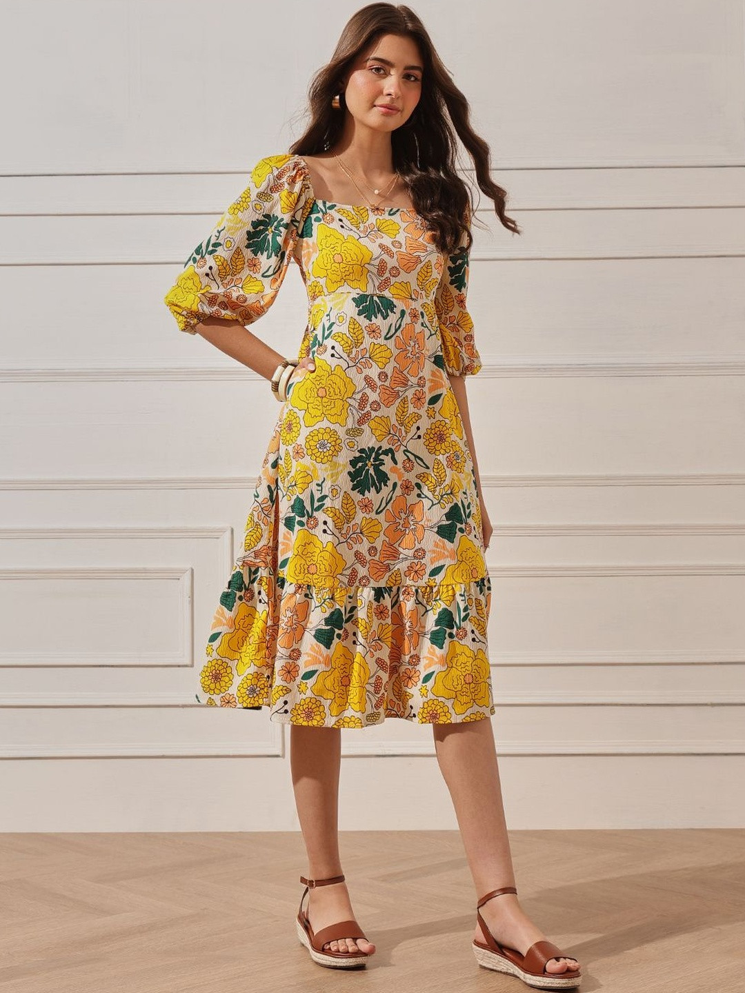STREET 9 Floral Print Puff Sleeve Fit & Flare Midi Dress