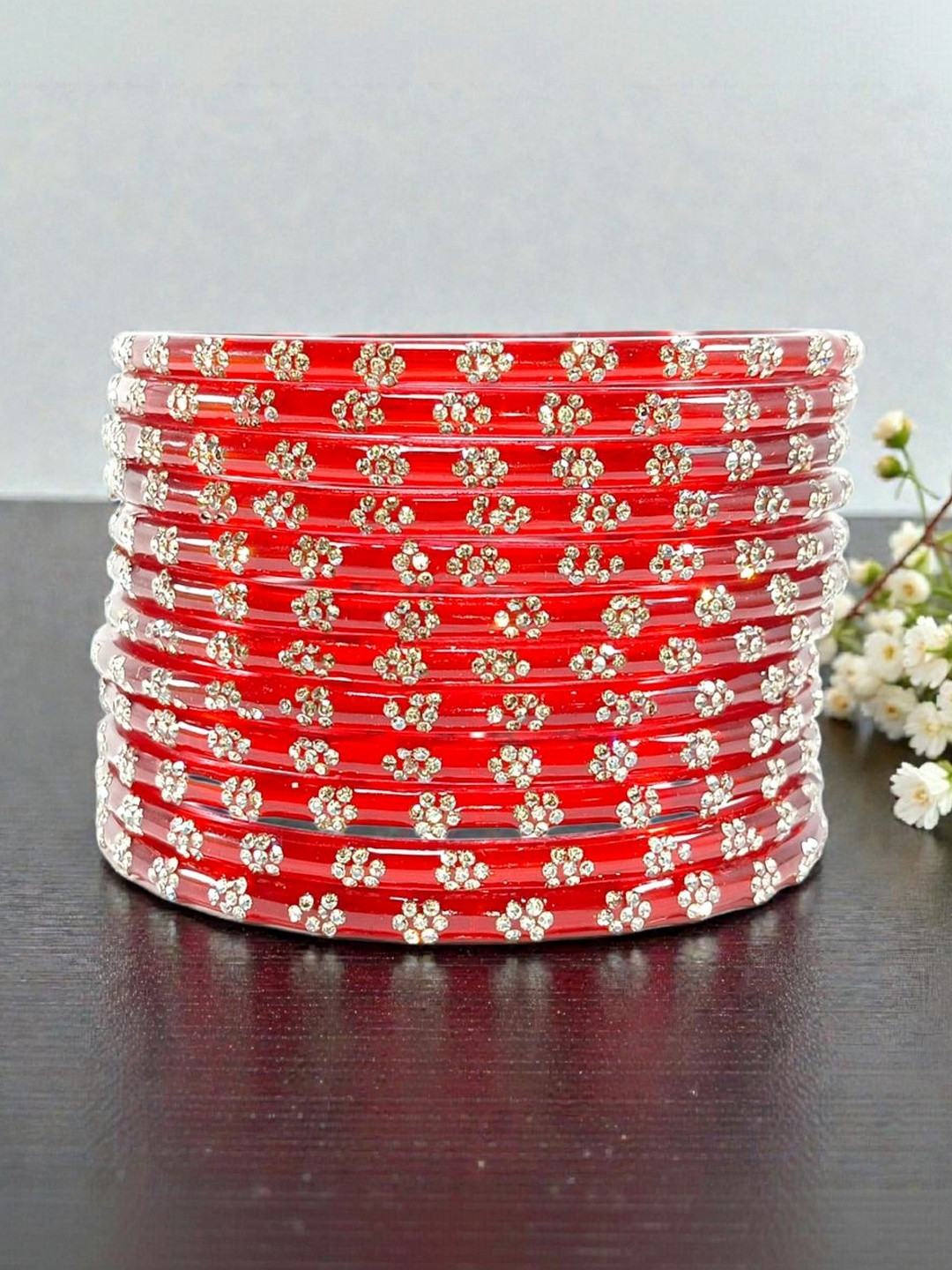 Pasovi Set Of 12 Zircon-Studded Glass Kashmiri Bangles