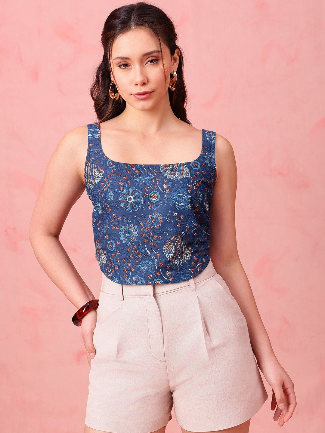 Vbuyz Women's Aqua Floral Crop Top Cotton Stitched Crop Top