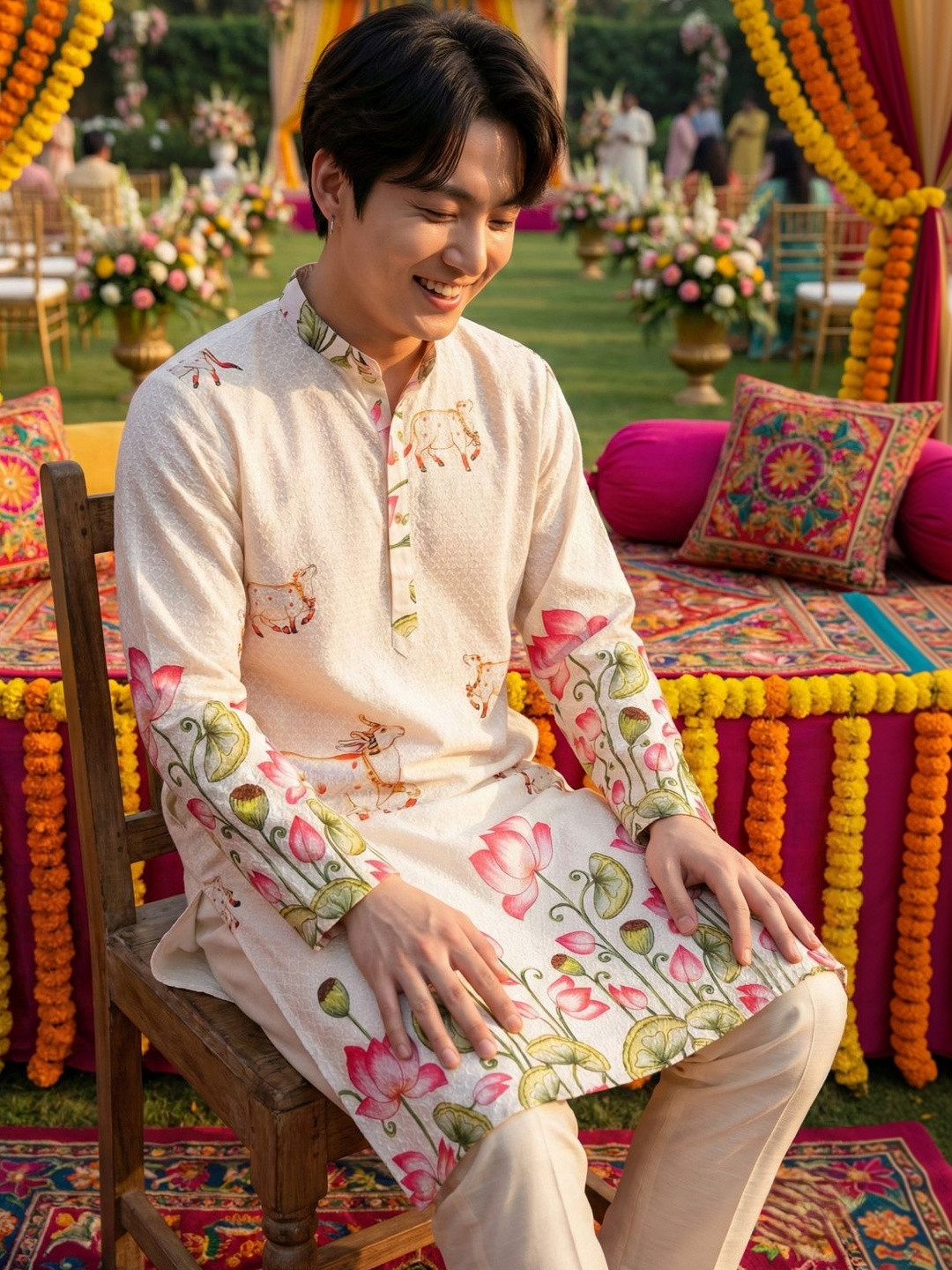 KASMEN CO. Men Floral Printed Regular Kurta with Trousers