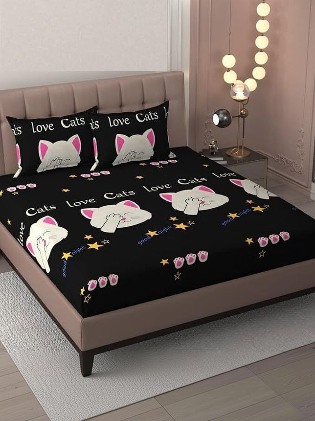 Panipat Textile Hub Black Cartoon Characters 210 TC Bedsheet with 2 Pillow Covers
