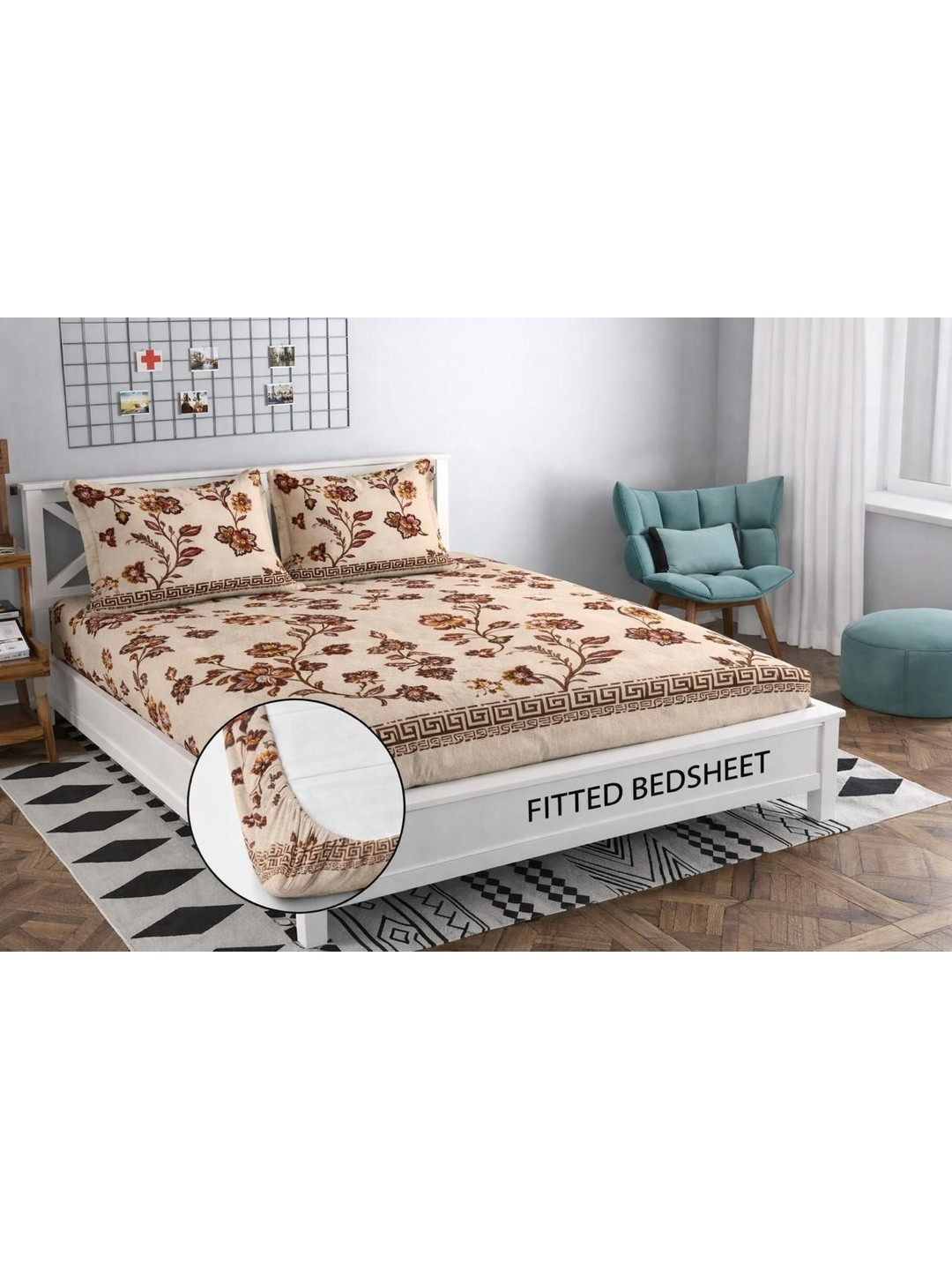 Panipat Textile Hub Beige Floral 210 TC Bedsheet with 2 Pillow Covers