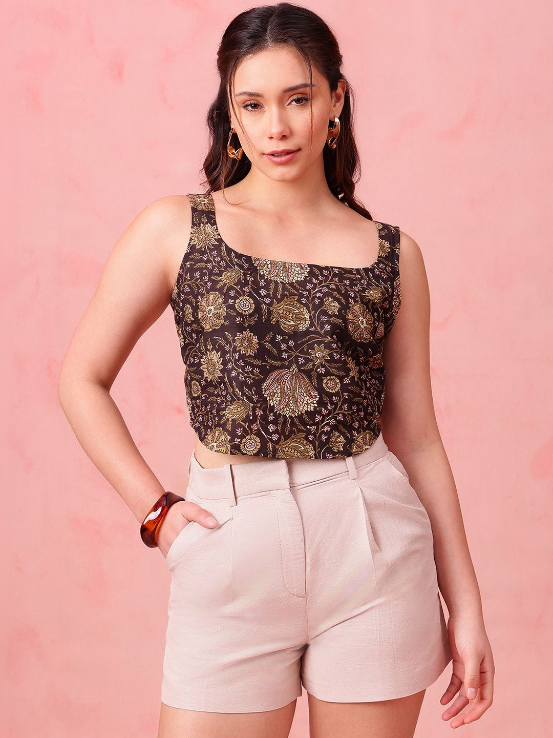 Vbuyz Cotton Black Floral Crop Top Stitched Crop Top