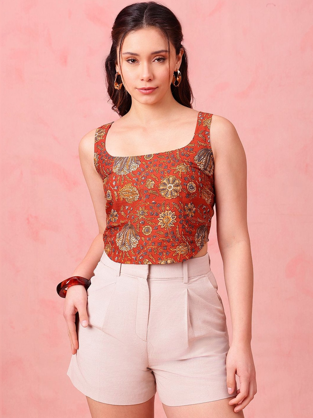 Vbuyz Women's Rust Floral Crop Top Cotton Stitched Crop Top