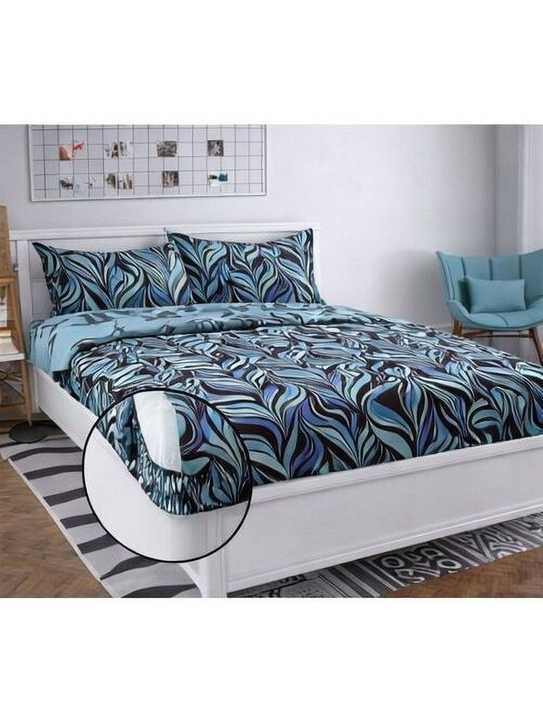 Panipat Textile Hub Blue 210 TC Bedsheet with 2 Pillow Covers
