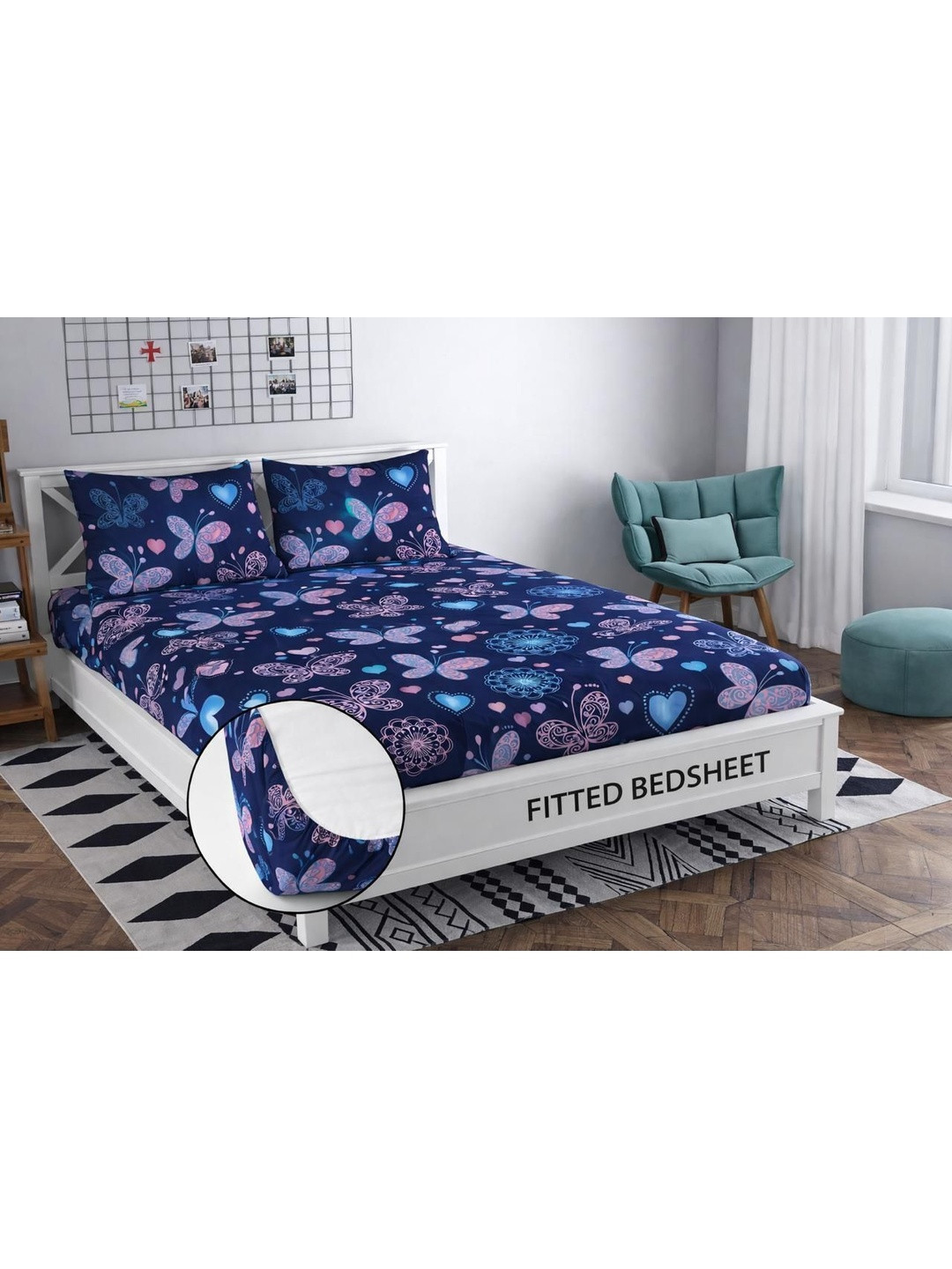 Panipat Textile Hub Navy Blue Conversational 210 TC Bedsheet with 2 Pillow Covers