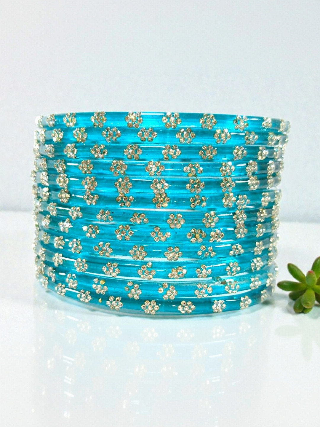 Pasovi Set of 12 Glass Kashmiri Bangless With Zircon Stone Work