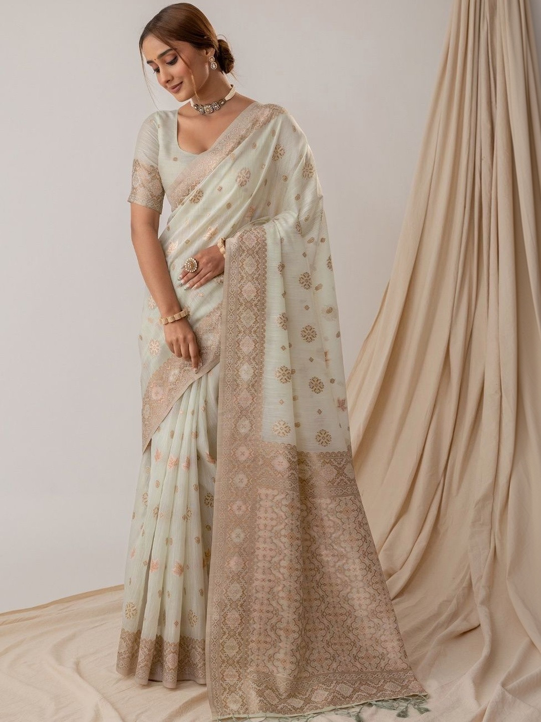 VARYAM Ethnic Motifs Zari Linen Blend Handloom Banarasi Saree