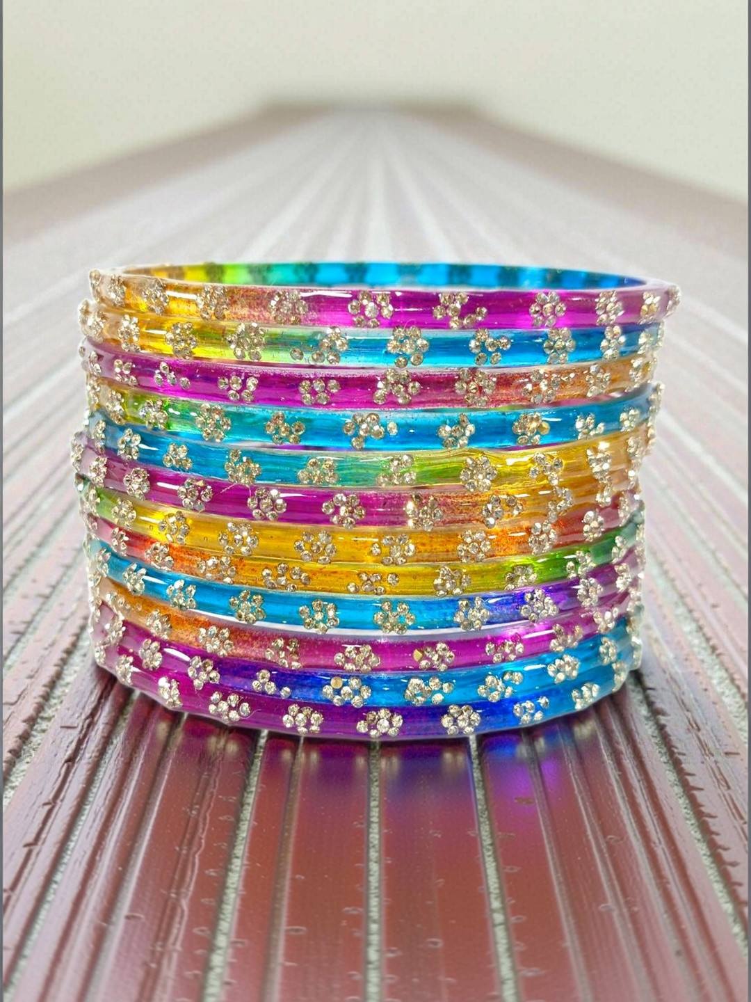 Pasovi Set Of 12 Zircon-Studded Glass Kashmiri Bangles