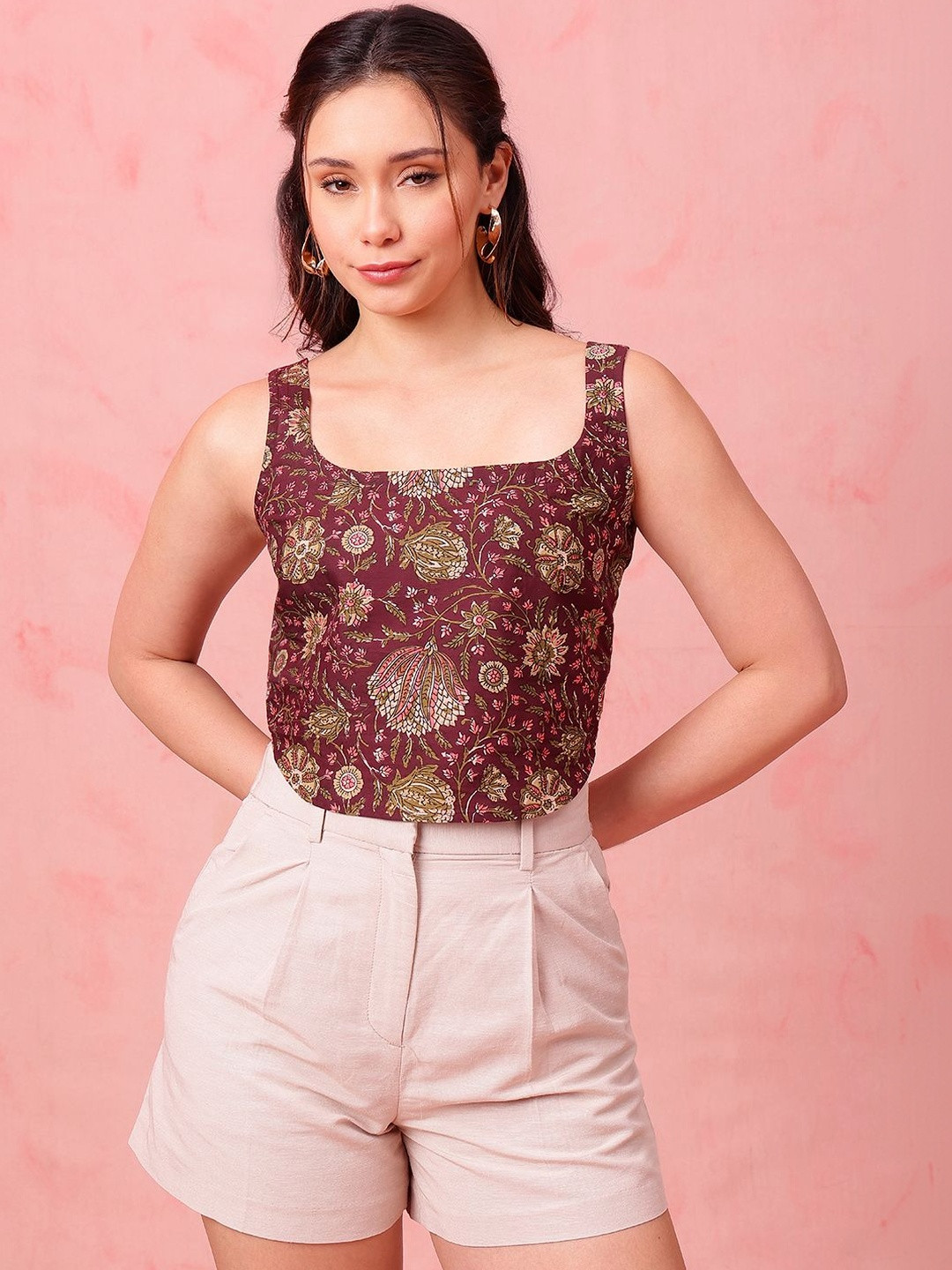 Vbuyz Women's Wine Floral Crop Top Cotton Stitched Crop Top
