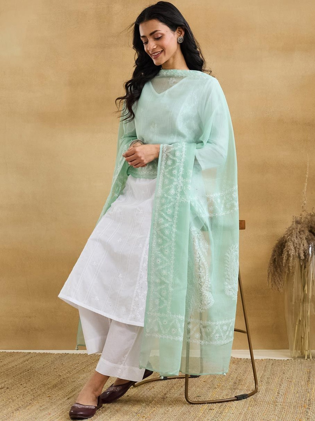 Fabindia Ethnic Motifs Embroidered Cotton Silk Dupatta with Thread Work