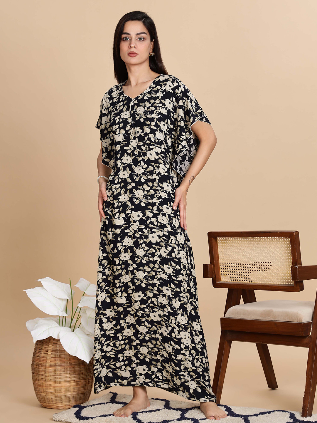 9shines Label Women Kaftan Sleeve Floral Printed Nightdress