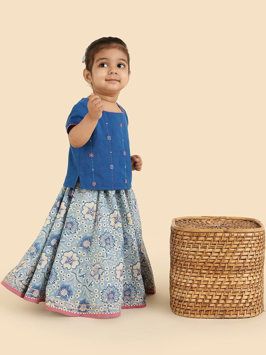 Fabindia Girls Embroidered Thread Work Block Print Ready to Wear Cotton Lehenga Choli