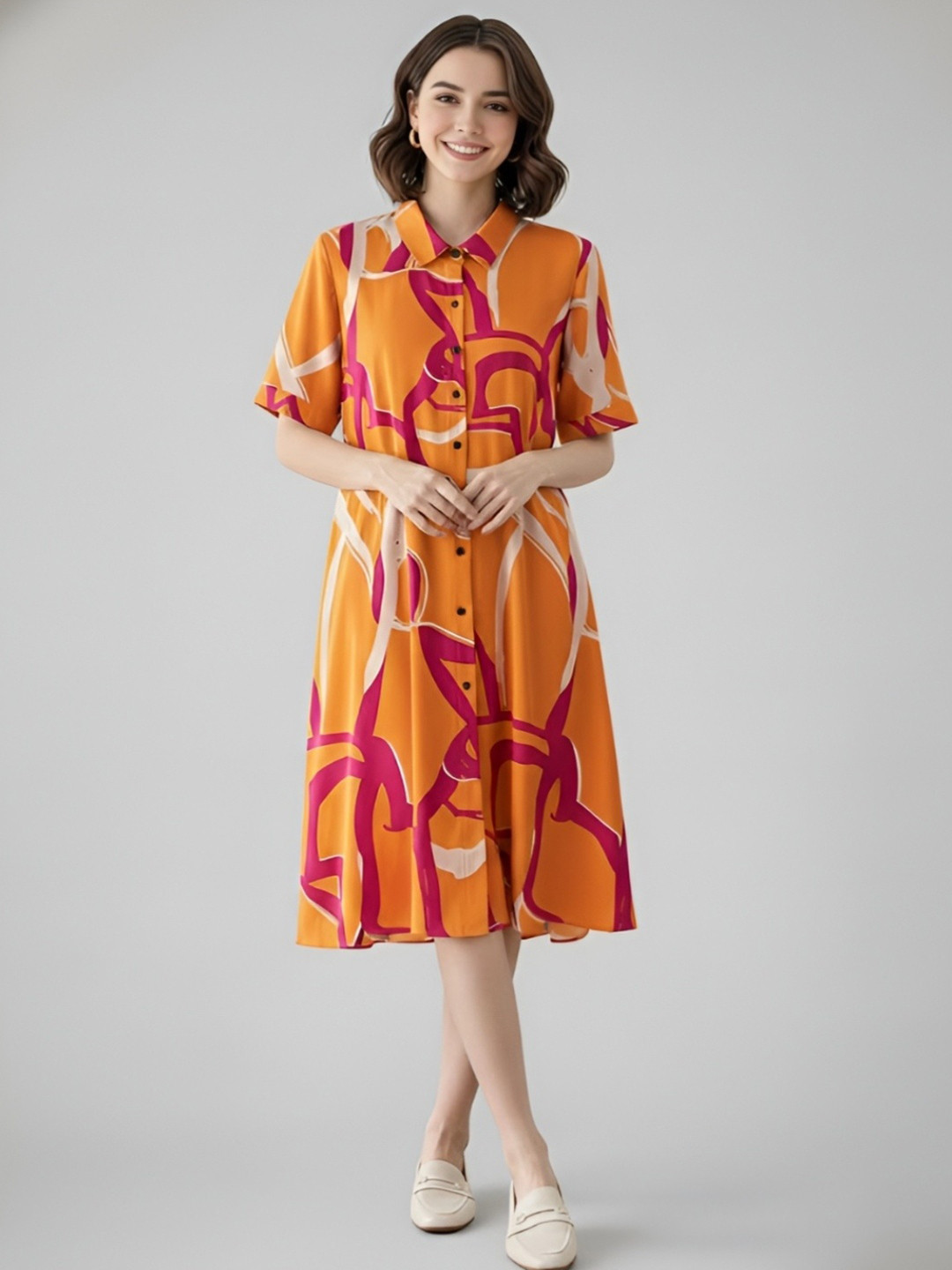 SZN Women Printed Shirt Collar Shirt Midi Dress
