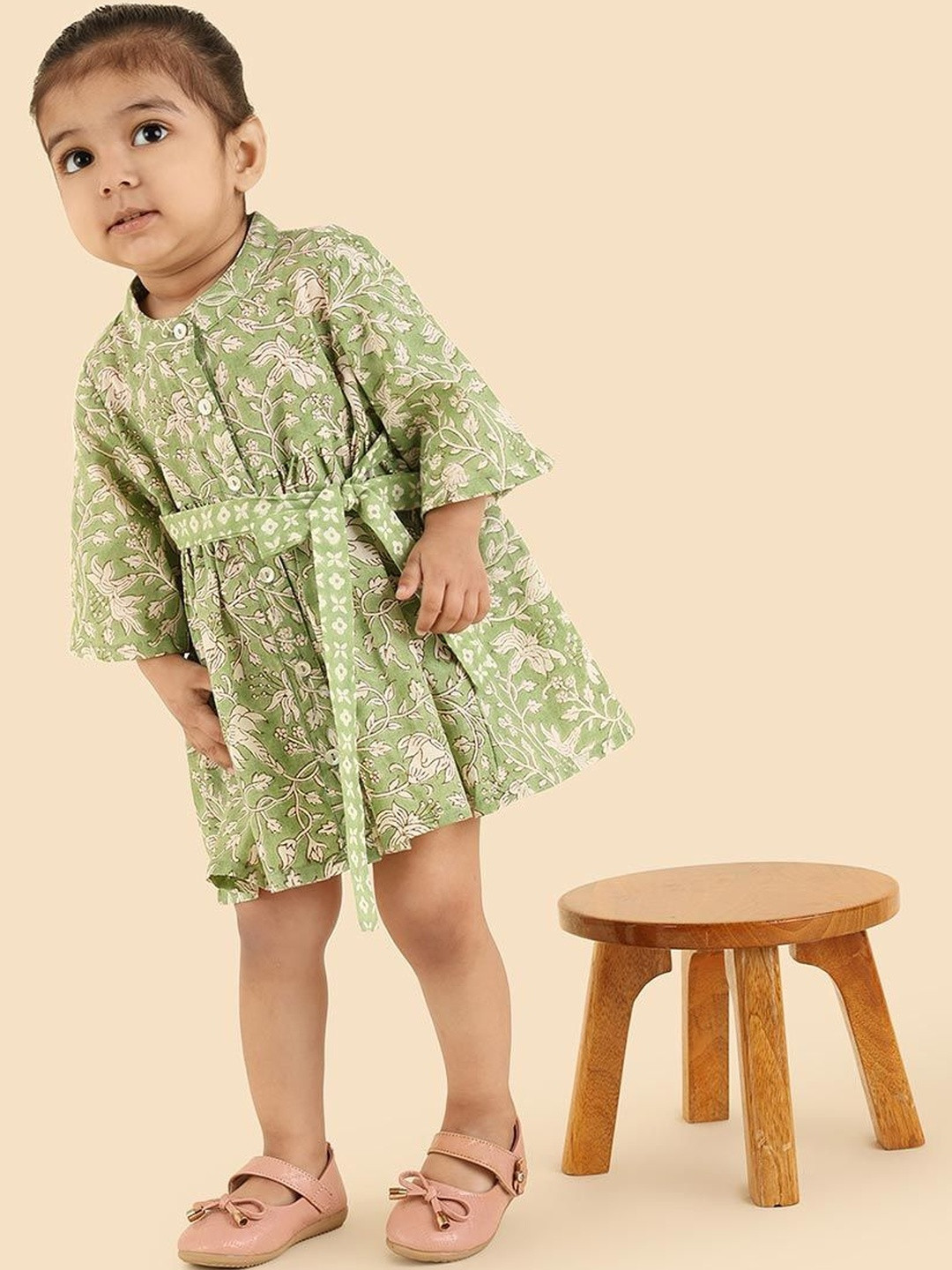 Fabindia Girls Green Floral Print Mandarin Collar Dress