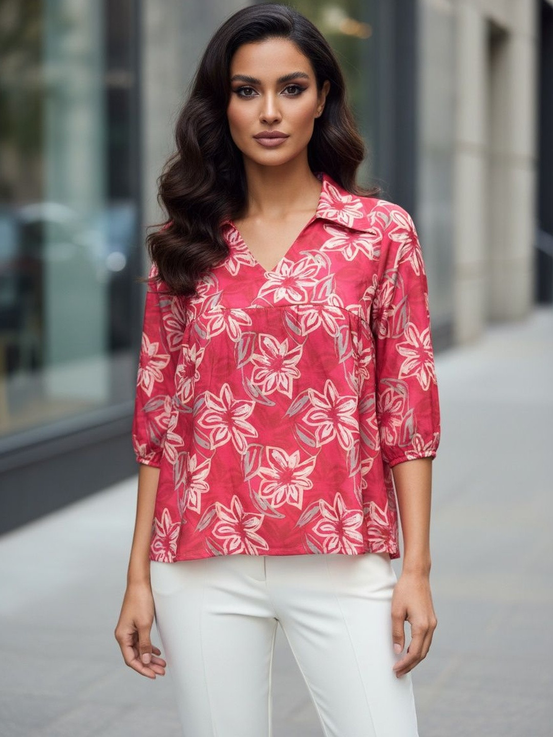 TIRA Floral Print Crepe Top
