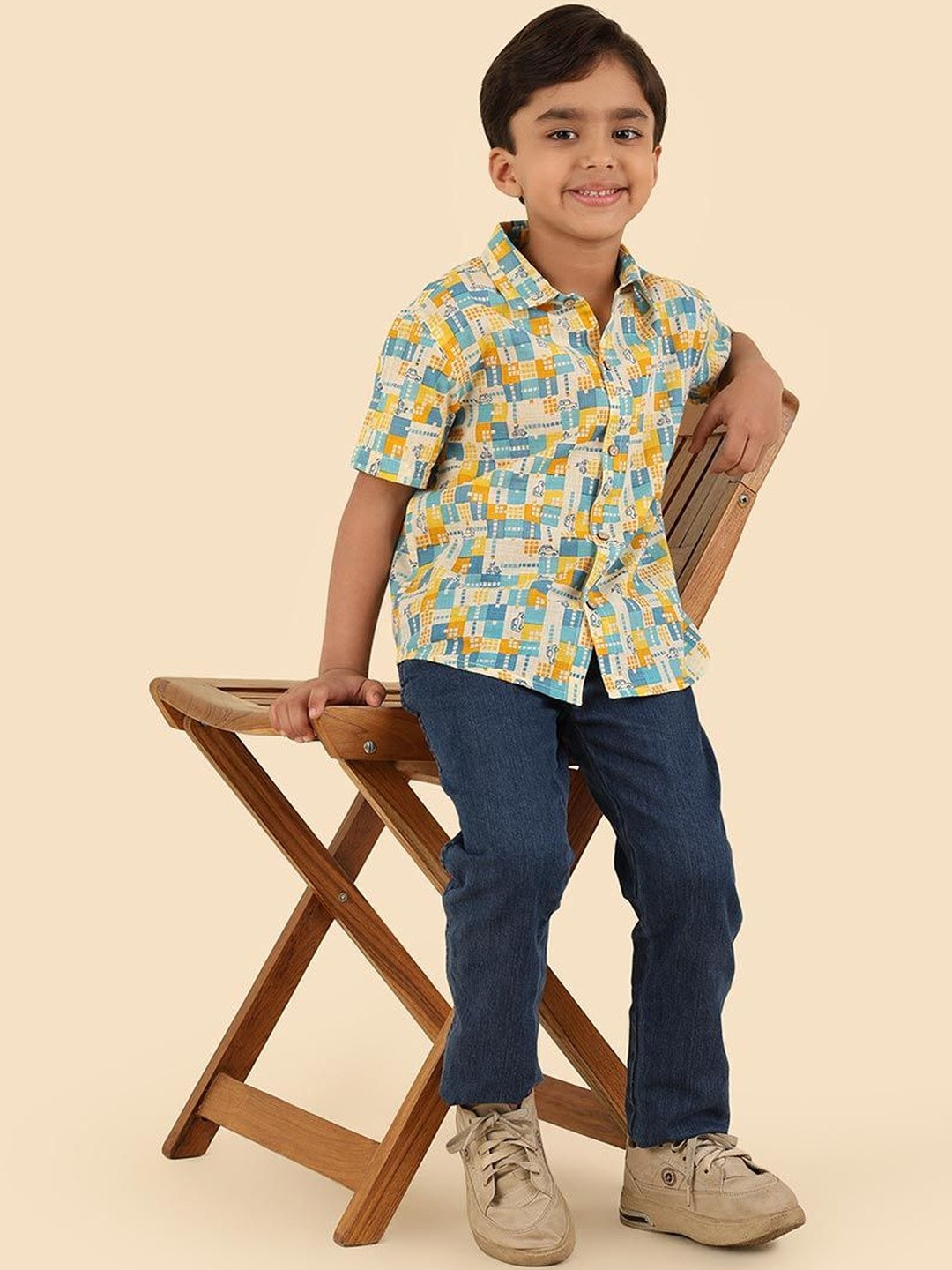 Fabindia Boys Multicolor Printed Spread Collar Shirts