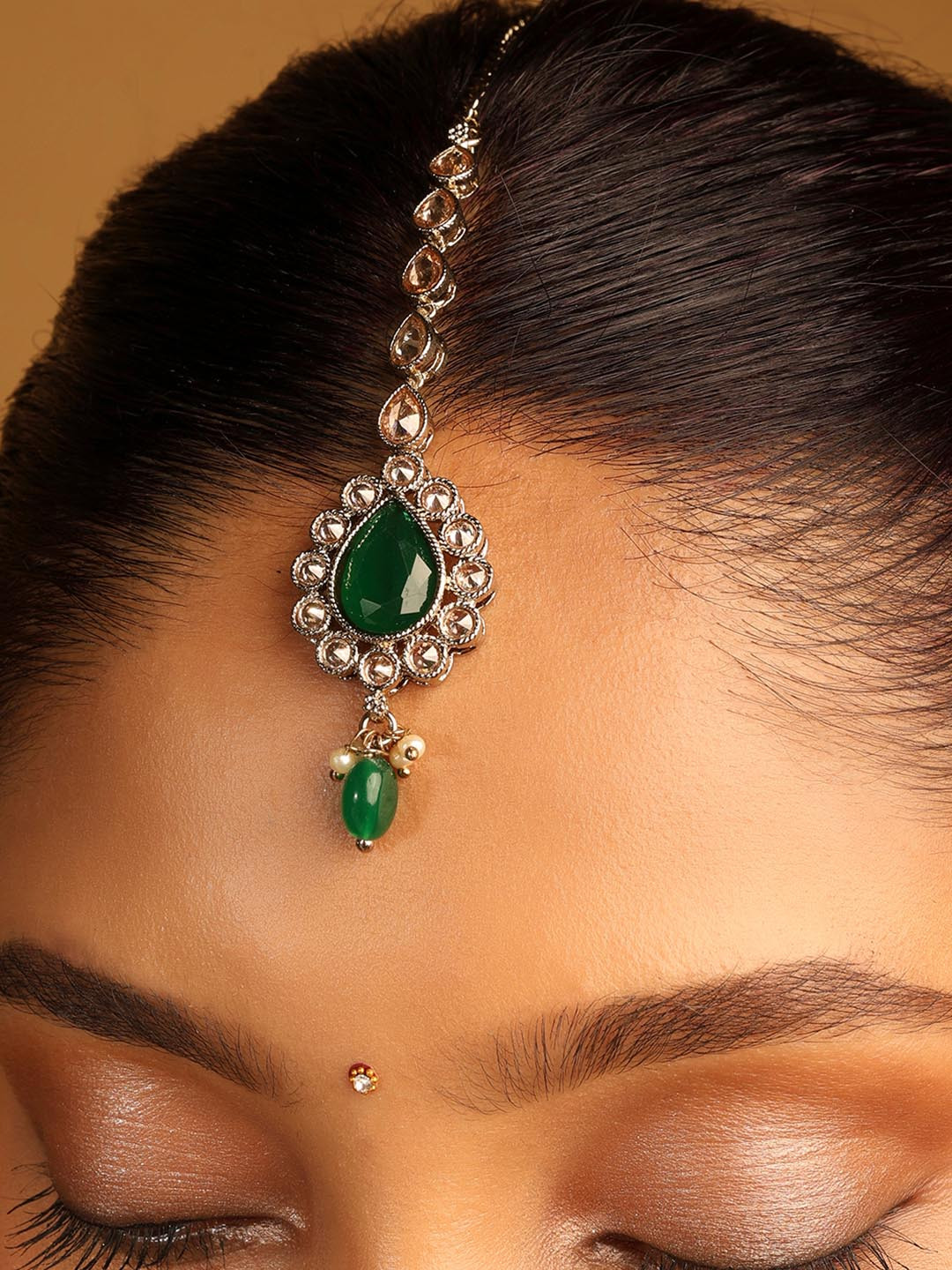 SALONI FASHION JEWELLERY Gold-Plated Crystals Studded Maang Tikka